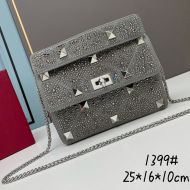 Valentino Medium Roman Stud Shoulder Bag with Chain and Sparkling Studs In Suede Grey