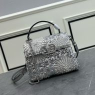 Valentino Mini Vsling Handbag with 3D Floral and Sequins In Calfskin Silver