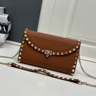 Valentino Rockstud Foldover Crossbody In Grainy Calfskin Brown