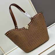 Valentino Rockstud Shopping Bag In Riffia Brown