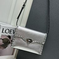 Valentino Small Rockstud Flap Crossbody In Grainy Calfskin Silver