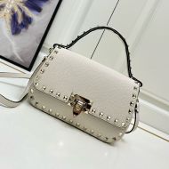 Valentino Small Rockstud Flap Handbag In Grainy Calfskin Beige