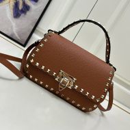 Valentino Small Rockstud Flap Handbag In Grainy Calfskin Brown