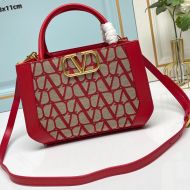 Valentino Small Shopping Bag In Toile Iconographe Fabric Red/Beige