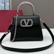 Valentino Small Vsling Handbag with Crocodile Leather and Jewel Embroidery In Calfskin Black