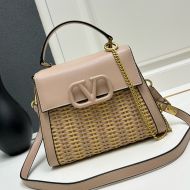 Valentino Small Vsling Handbag In Raffia And Leather Apricot