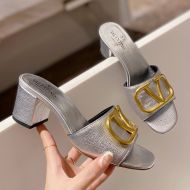 Valentino VLogo Signature Thick-Heeled Slides Women Grainy Calfskin Silver