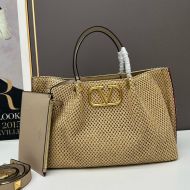 Valentino VLogo Signature Shopping Bag with Studs In Synthetic Riffia Beige