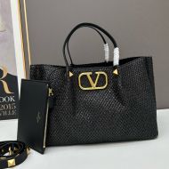 Valentino VLogo Signature Shopping Bag with Studs In Synthetic Riffia Black