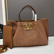 Valentino VLogo Signature Shopping Bag with Studs In Synthetic Riffia Brown