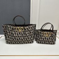 Valentino VLogo Signature Shopping Bag with Studs In Toile Iconographe Fabric Beige