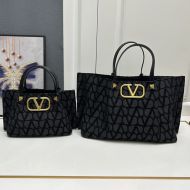 Valentino VLogo Signature Shopping Bag with Studs In Toile Iconographe Fabric Black