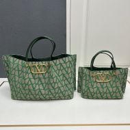 Valentino VLogo Signature Shopping Bag with Studs In Toile Iconographe Fabric Green