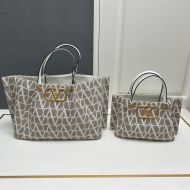 Valentino VLogo Signature Shopping Bag with Studs In Toile Iconographe Fabric Grey