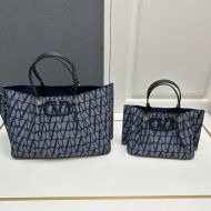 Valentino VLogo Signature Shopping Bag with Studs In Toile Iconographe Fabric Navy Blue