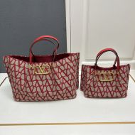 Valentino VLogo Signature Shopping Bag with Studs In Toile Iconographe Fabric Red