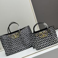Valentino VLogo Signature Shopping Bag with Studs In Toile Iconographe Raffia Black