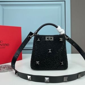 Valentino Mini Roman Stud Handbag with Sparkling Studs In Nappa Leather Black