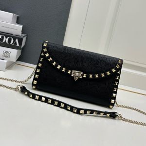 Valentino Rockstud Foldover Crossbody In Grainy Calfskin Black