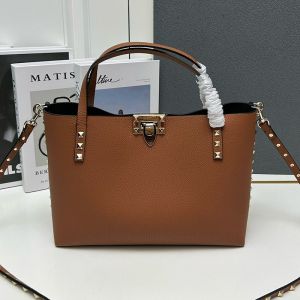 Valentino Small Rockstud Tote with Interior Pouch In Grainy Calfskin Brown