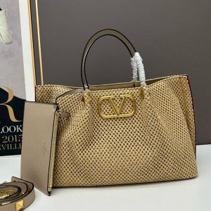 Valentino VLogo Signature Shopping Bag with Studs In Synthetic Riffia Beige