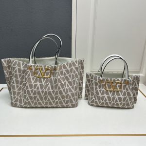 Valentino VLogo Signature Shopping Bag with Studs In Toile Iconographe Fabric Grey