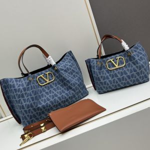 Valentino VLogo Signature Shopping Bag with Studs In Toile Iconographe Denim Blue