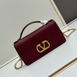 Valentino Vlogo Signature Wallet with Chain Strap In Grainy Calfskin Red